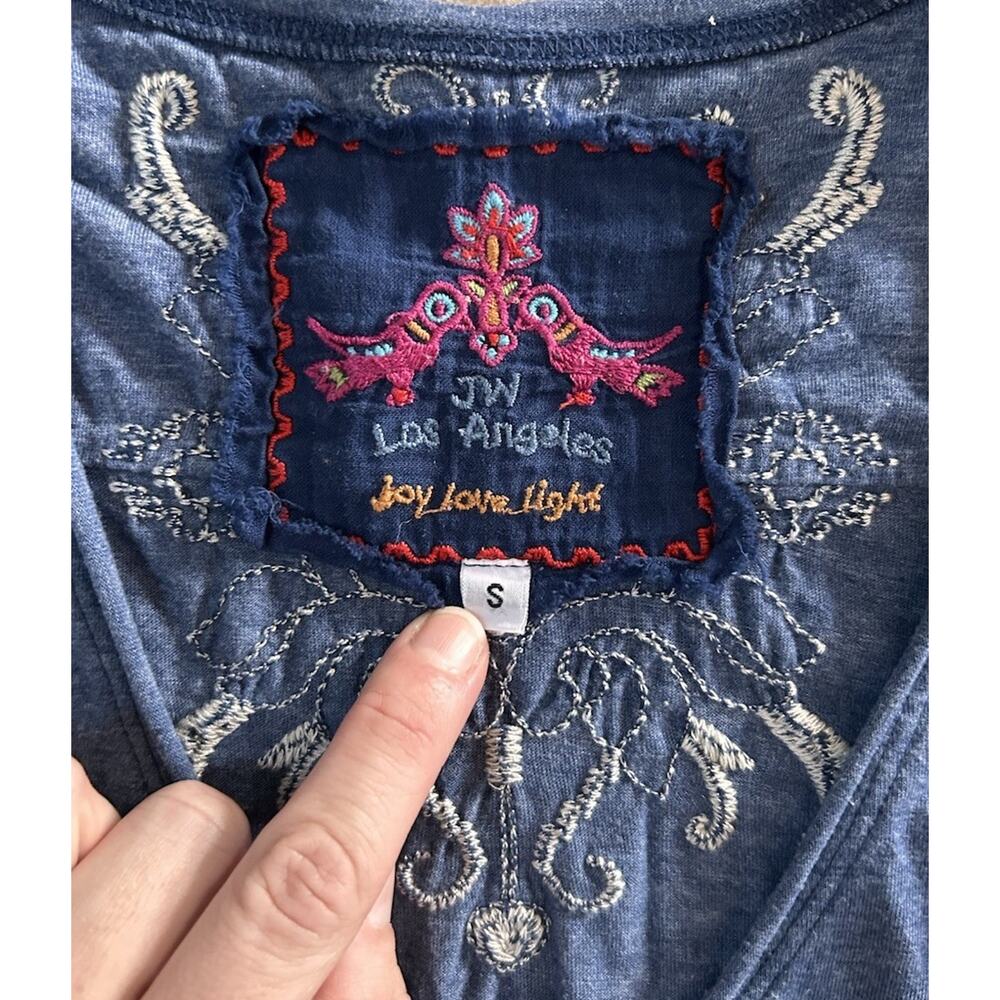 Johnny Was Los Angeles Embroidered Blue V-Neck Top 3/4 Sleeves Size S Boho - Picture 4 of 7